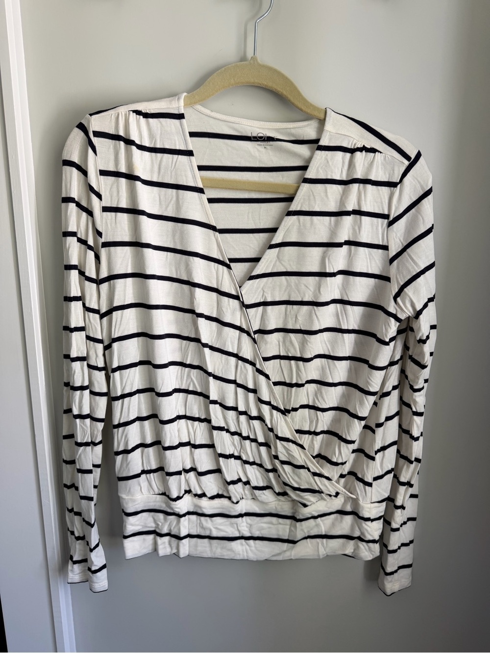 LOFT White Long-Sleeve Striped Wrap Top